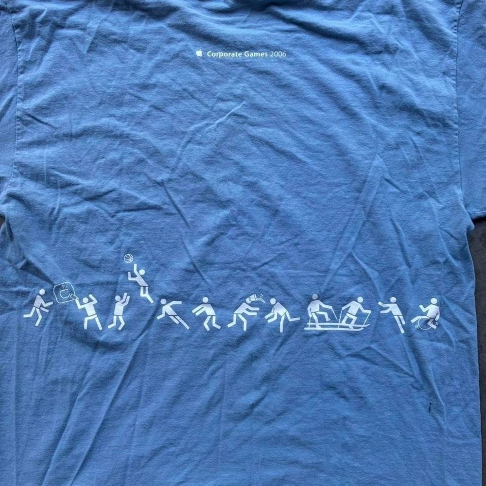 Vintage Apple Computer Wrap Around Print Tee Baby Blue Y2K 90s Tech Graphic